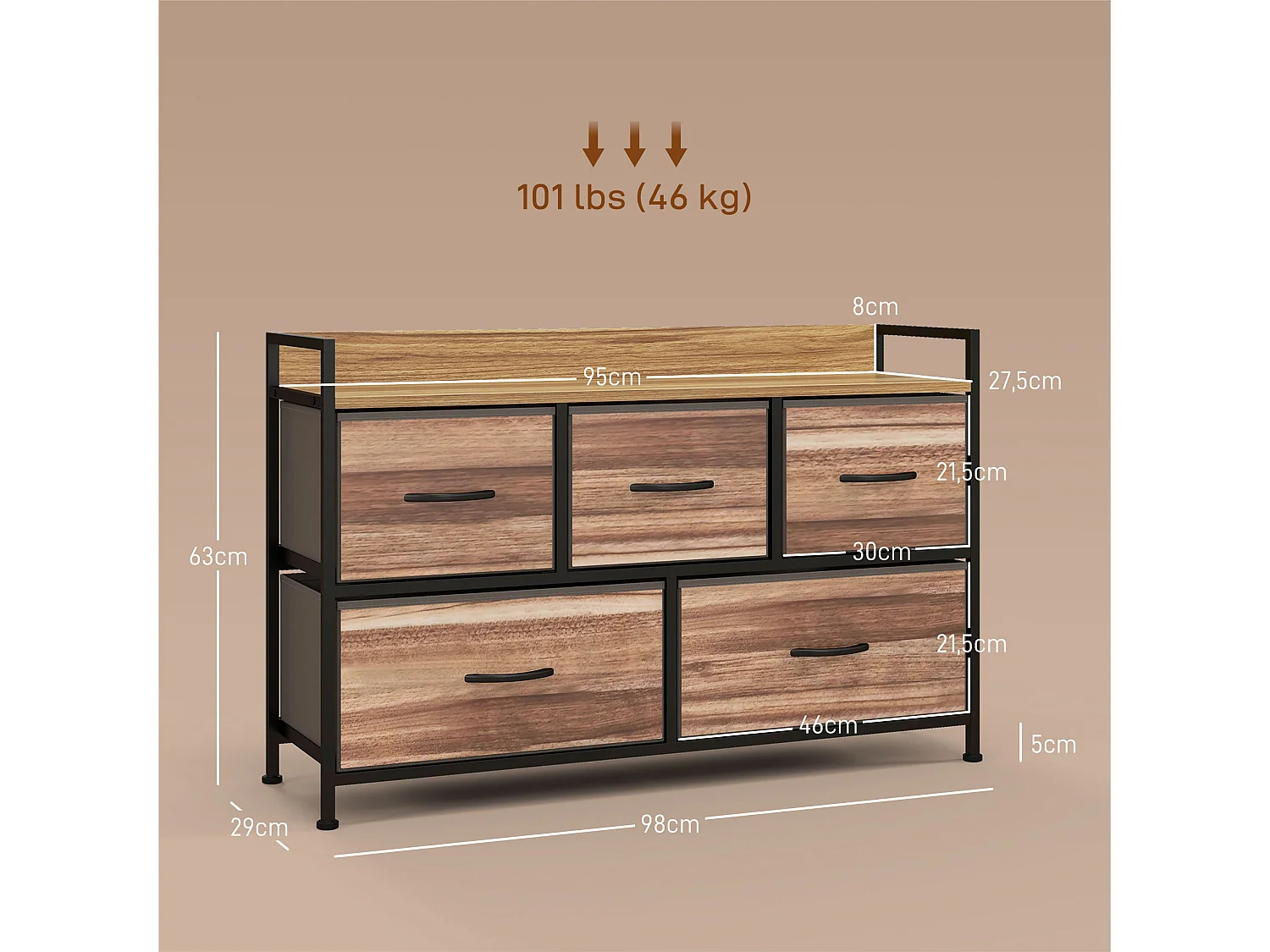 Commode 5 tiroirs et étagère - 98 x 29 x 63 cm - châssis métal noir tiroirs non tissés aspect bois