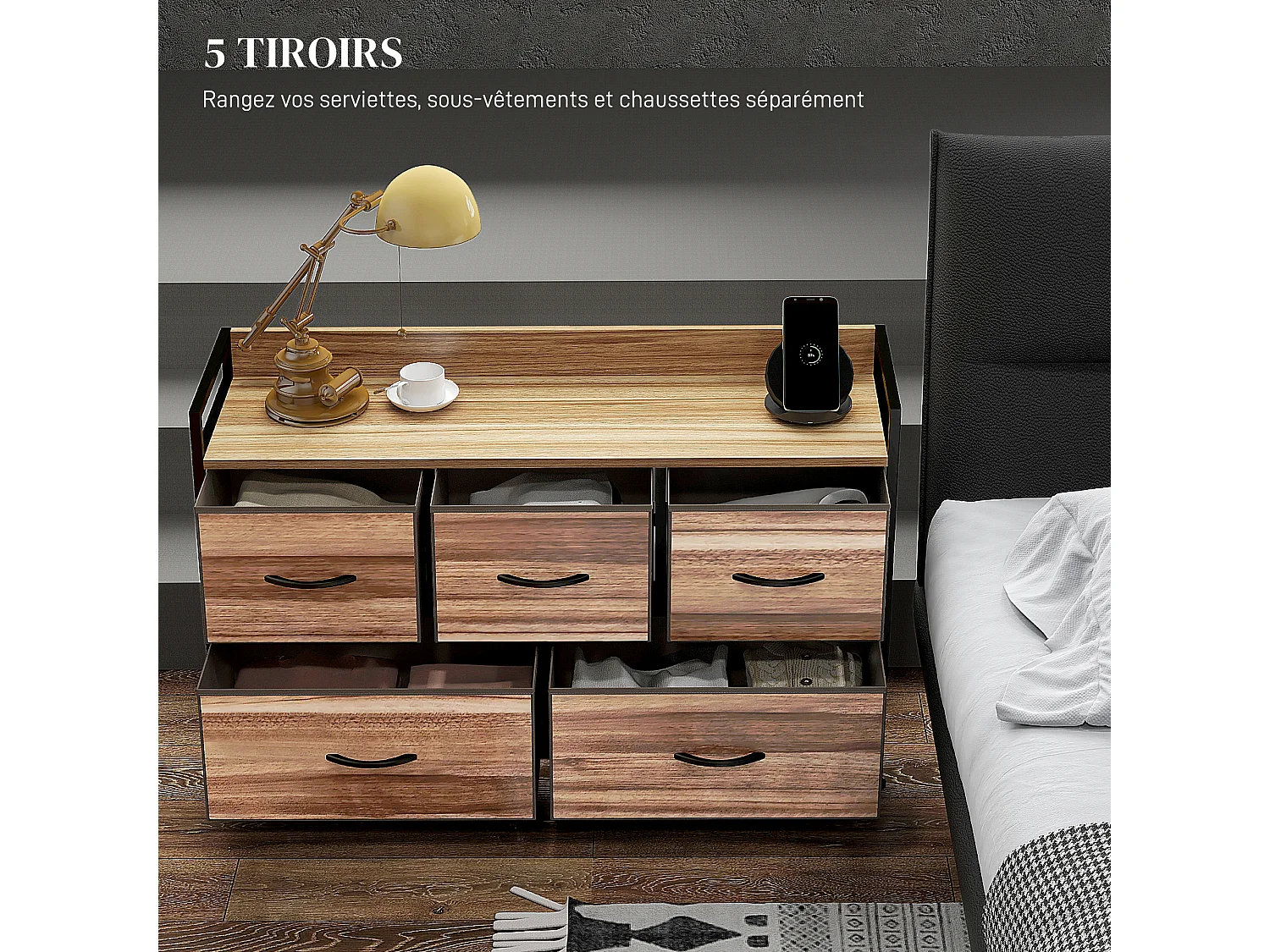 Commode 5 tiroirs et étagère - 98 x 29 x 63 cm - châssis métal noir tiroirs non tissés aspect bois