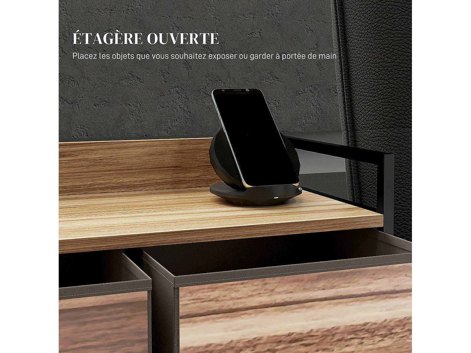 Commode 5 tiroirs et étagère - 98 x 29 x 63 cm - châssis métal noir tiroirs non tissés aspect bois