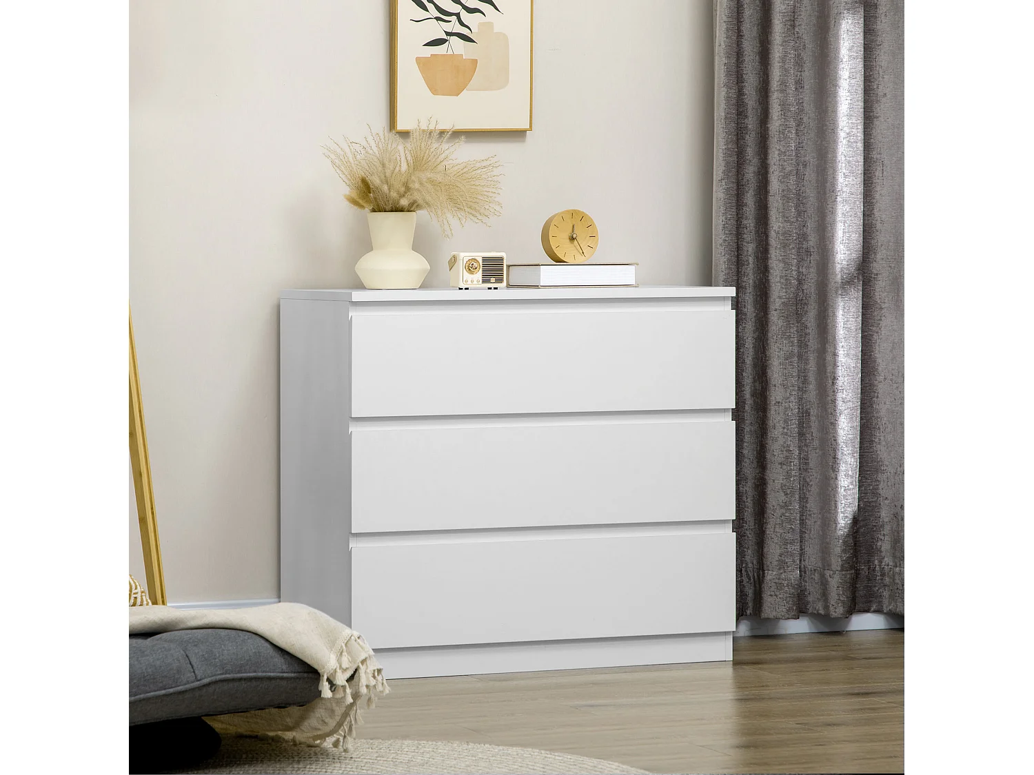 Commode 3 tiroirs coulissants dim. 80L x 39l x 73H cm panneau particules blanc