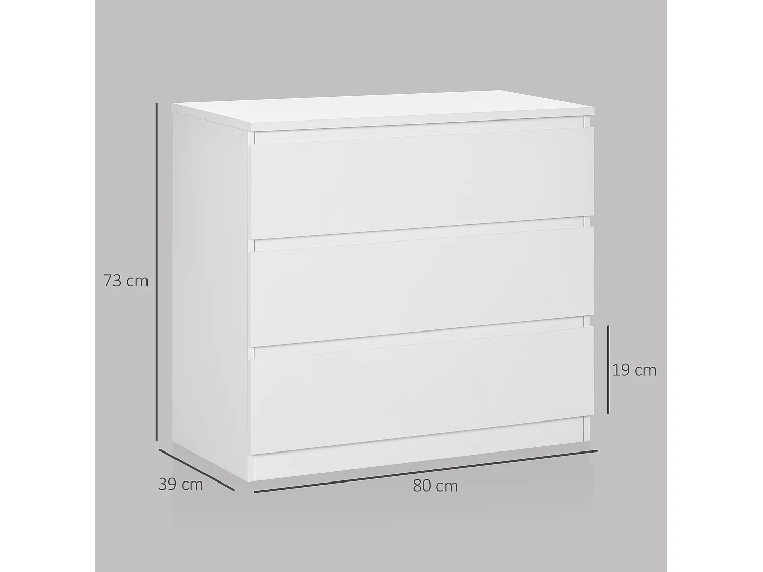 Commode 3 tiroirs coulissants dim. 80L x 39l x 73H cm panneau particules blanc