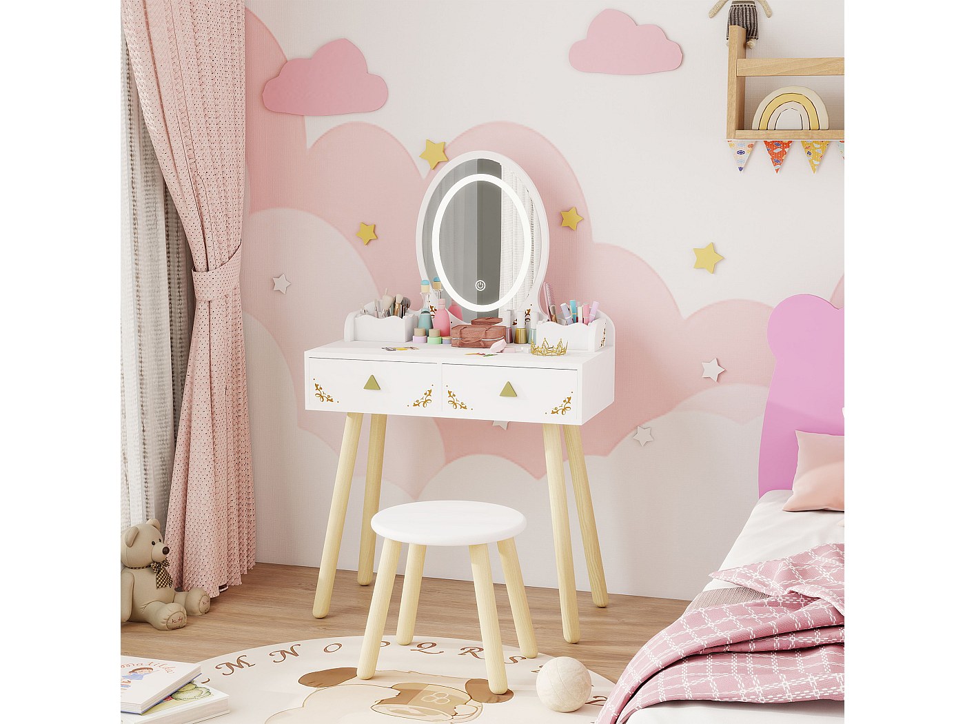 Fantasy Fields Coiffeuse Enfant En Bois Gisele Rose - Avec Miroir Et Tabouret Teamson