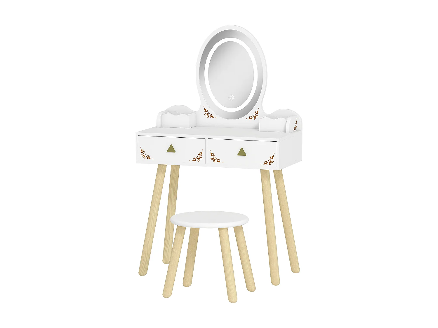 Coiffeuse enfant en bois style scandinave - tabouret assorti, miroir LED 3 couleurs intégré - bois blanc