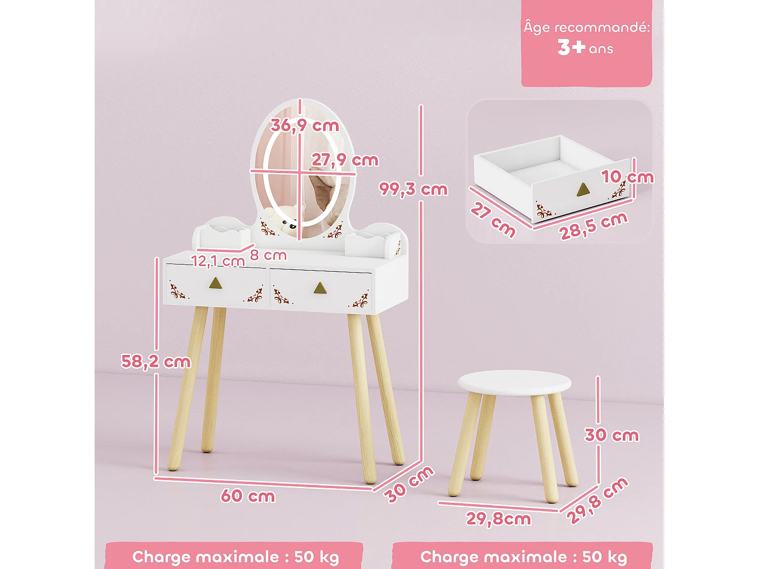 Coiffeuse enfant en bois style scandinave - tabouret assorti, miroir LED 3 couleurs intégré - bois blanc