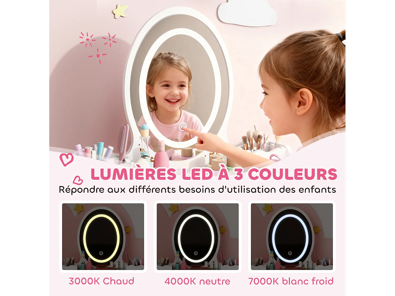 Coiffeuse enfant en bois style scandinave - tabouret assorti, miroir LED 3 couleurs intégré - bois blanc