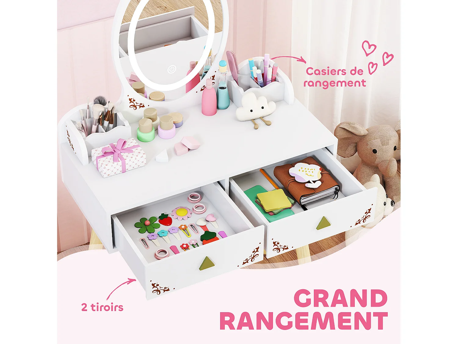 Coiffeuse enfant en bois style scandinave - tabouret assorti, miroir LED 3 couleurs intégré - bois blanc
