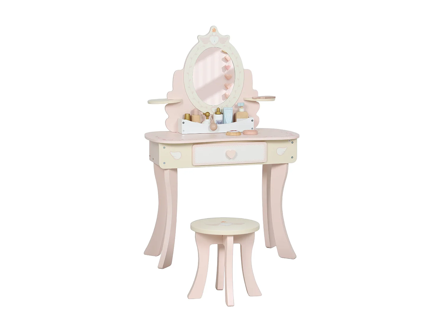 Coiffeuse enfant en bois avec tabouret et miroir - jeu d'imitation 7 accessoires inclus - rose blanc écru