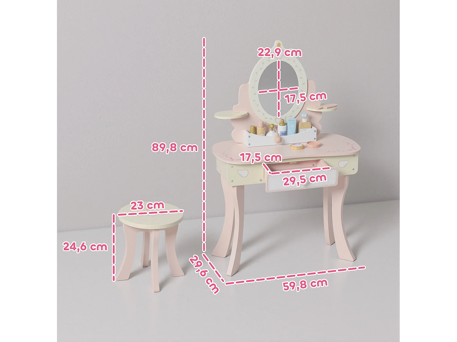Coiffeuse enfant en bois avec tabouret et miroir - jeu d'imitation 7 accessoires inclus - rose blanc écru