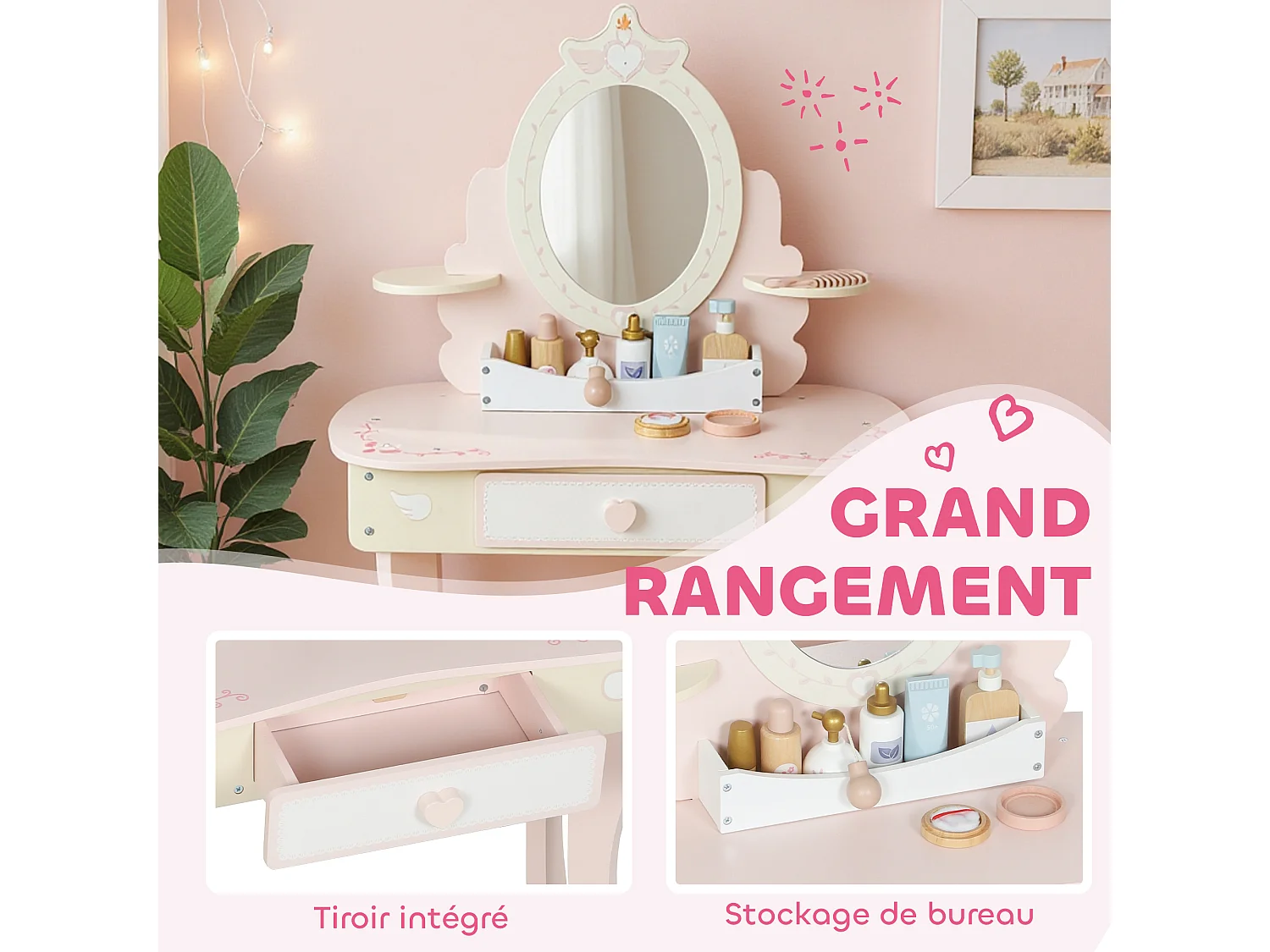 Coiffeuse enfant en bois avec tabouret et miroir - jeu d'imitation 7 accessoires inclus - rose blanc écru