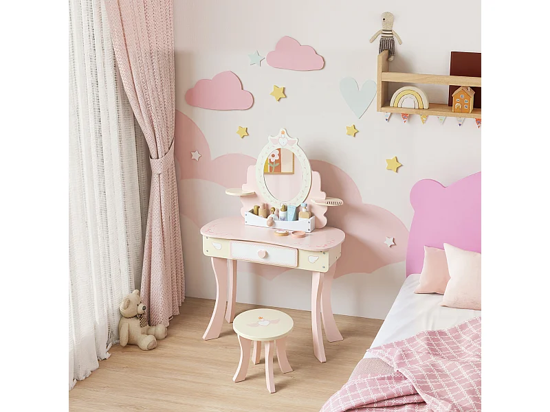 Coiffeuse enfant en bois avec tabouret et miroir - jeu d'imitation 7 accessoires inclus - rose blanc écru