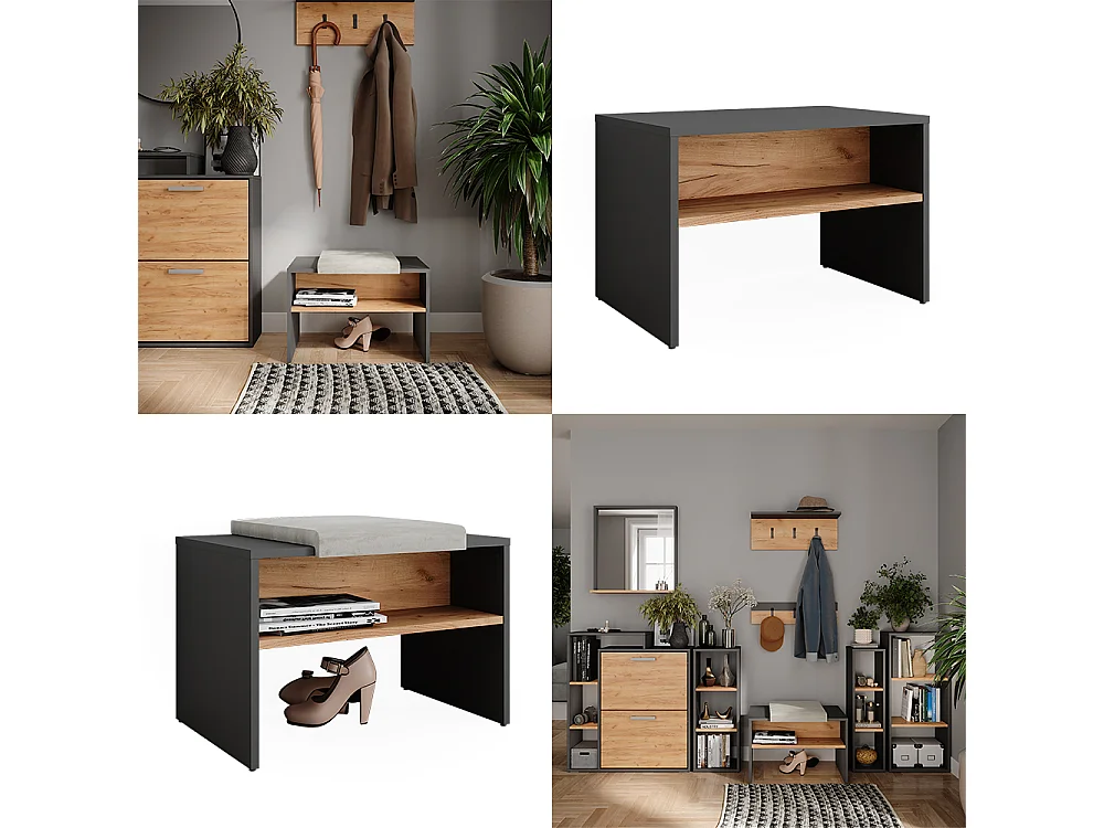 Banc pour chaussures anthracite/chêne doré 60x40x60 orlando