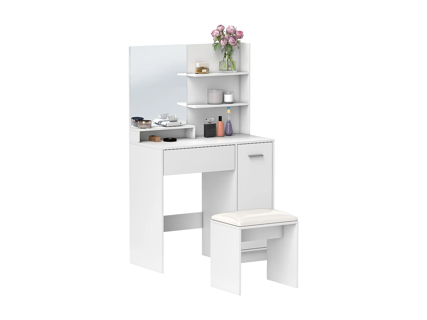 Ensemble coiffeuse miroir avec tabouret - porte, tiroir, 4 étagères, niche - blanc