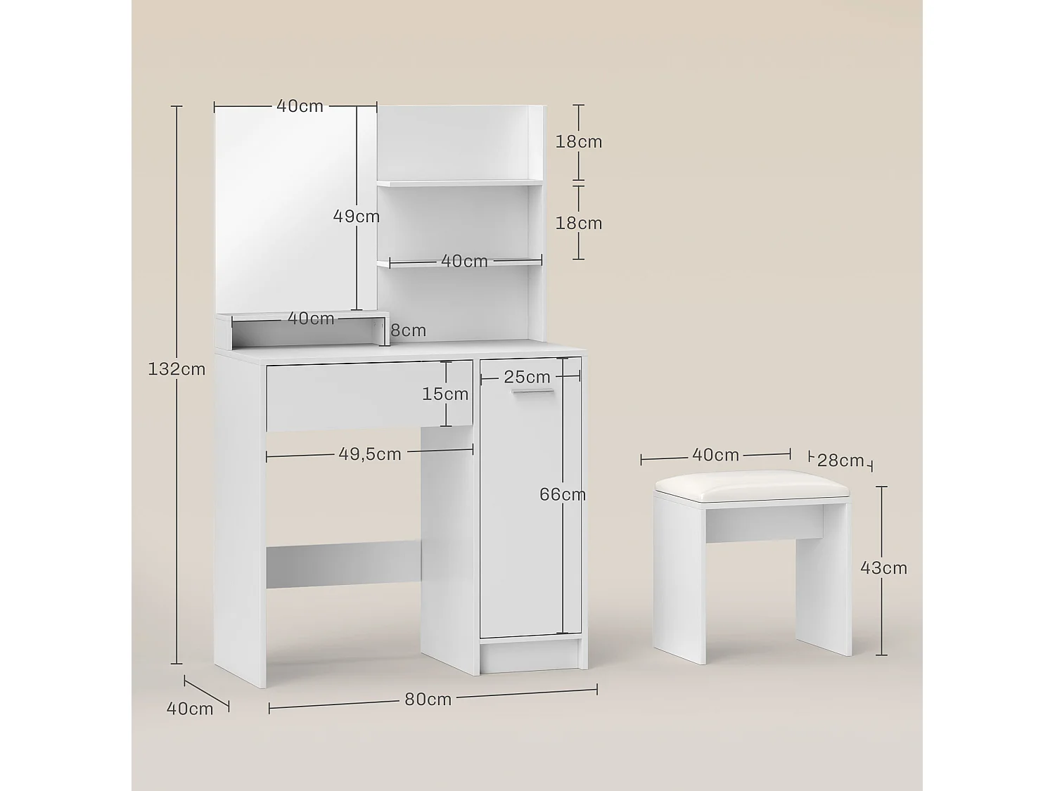 Ensemble coiffeuse miroir avec tabouret - porte, tiroir, 4 étagères, niche - blanc