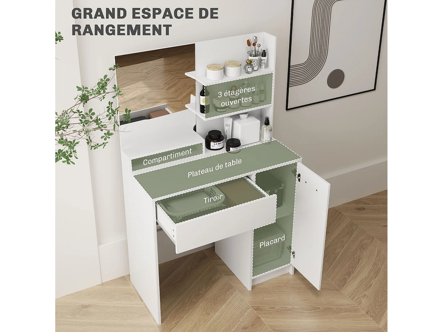Ensemble coiffeuse miroir avec tabouret - porte, tiroir, 4 étagères, niche - blanc