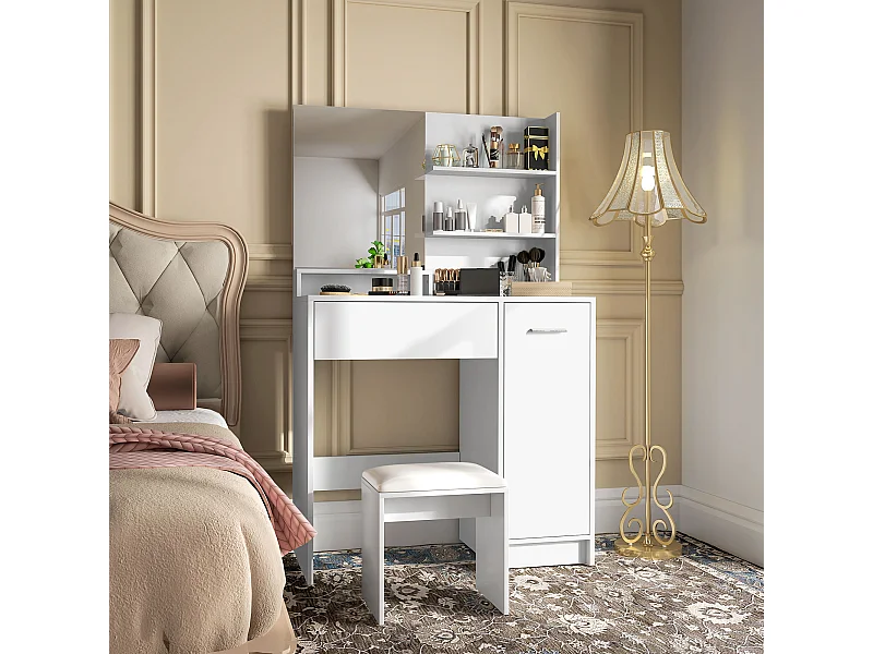 Ensemble coiffeuse miroir avec tabouret - porte, tiroir, 4 étagères, niche - blanc