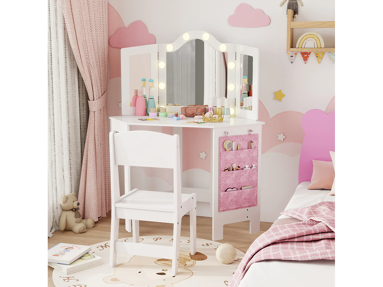 Ensemble coiffeuse enfant chaise et miroir Holywood triptyque - pochette rangement rose - blanc