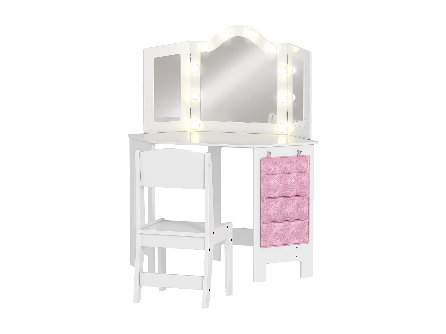 Ensemble coiffeuse enfant chaise et miroir Holywood triptyque - pochette rangement rose - blanc