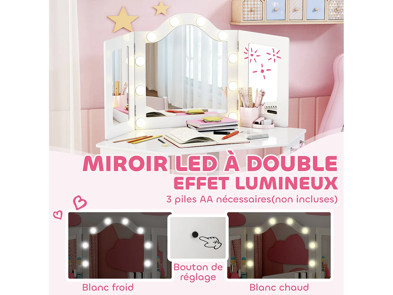 Ensemble coiffeuse enfant chaise et miroir Holywood triptyque - pochette rangement rose - blanc