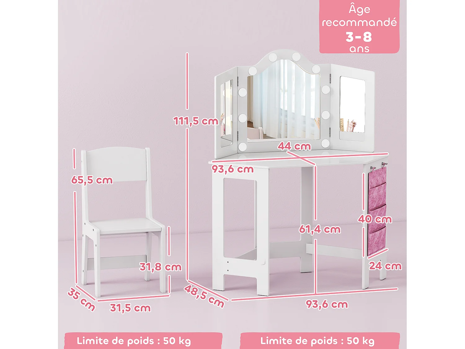 Ensemble coiffeuse enfant chaise et miroir Holywood triptyque - pochette rangement rose - blanc