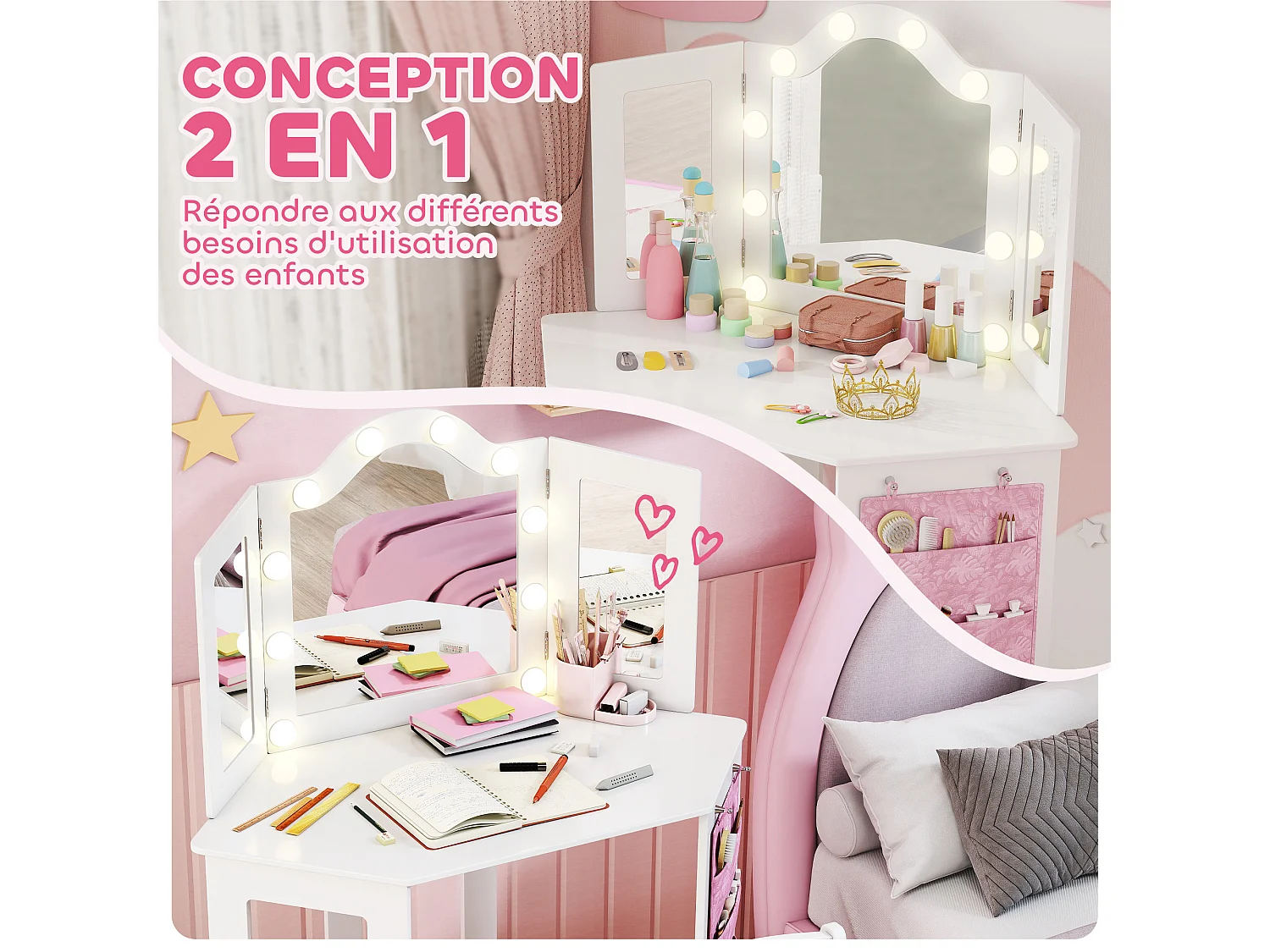 Ensemble coiffeuse enfant chaise et miroir Holywood triptyque - pochette rangement rose - blanc
