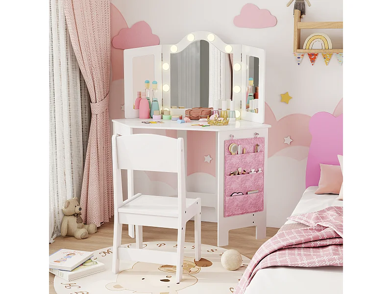 Ensemble coiffeuse enfant chaise et miroir Holywood triptyque - pochette rangement rose - blanc