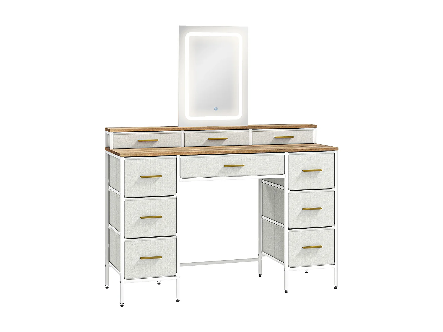 Coiffeuse miroir LED tactile réglable 10 tiroirs tissu dim. 118,5 x 39,5 x 140 cm acier blanc doré effet bois