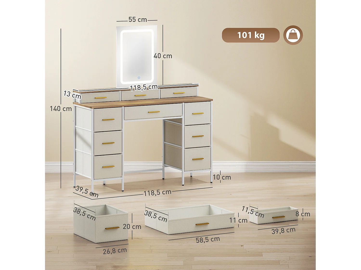 Coiffeuse miroir LED tactile réglable 10 tiroirs tissu dim. 118,5 x 39,5 x 140 cm acier blanc doré effet bois