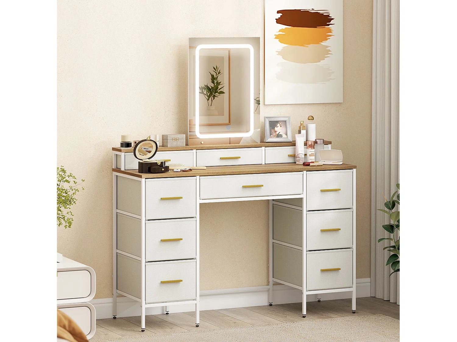 Coiffeuse miroir LED tactile réglable 10 tiroirs tissu dim. 118,5 x 39,5 x 140 cm acier blanc doré effet bois