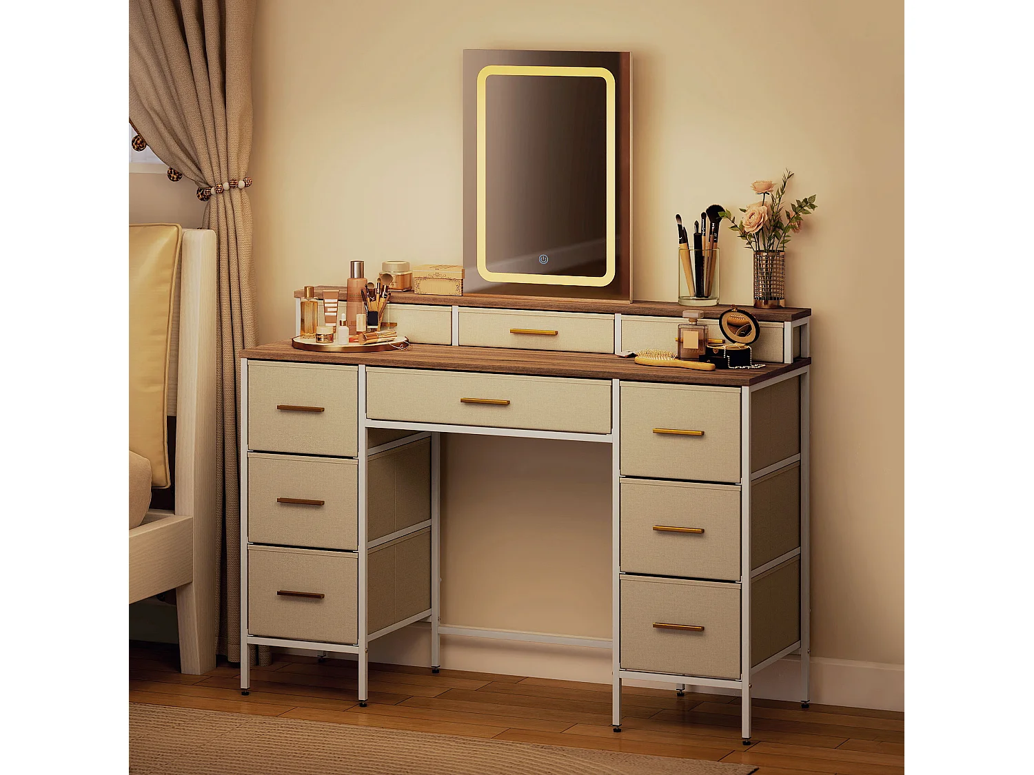 Coiffeuse miroir LED tactile réglable 10 tiroirs tissu dim. 118,5 x 39,5 x 140 cm acier blanc doré effet bois