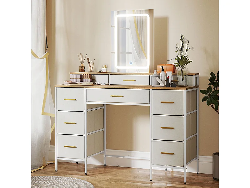 Coiffeuse miroir LED tactile réglable 10 tiroirs tissu dim. 118,5 x 39,5 x 140 cm acier blanc doré effet bois