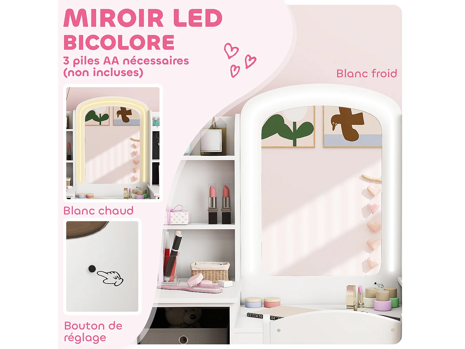 Ensemble coiffeuse enfant chaise et miroir LED - multi-rangement, paniers inclus gris - blanc