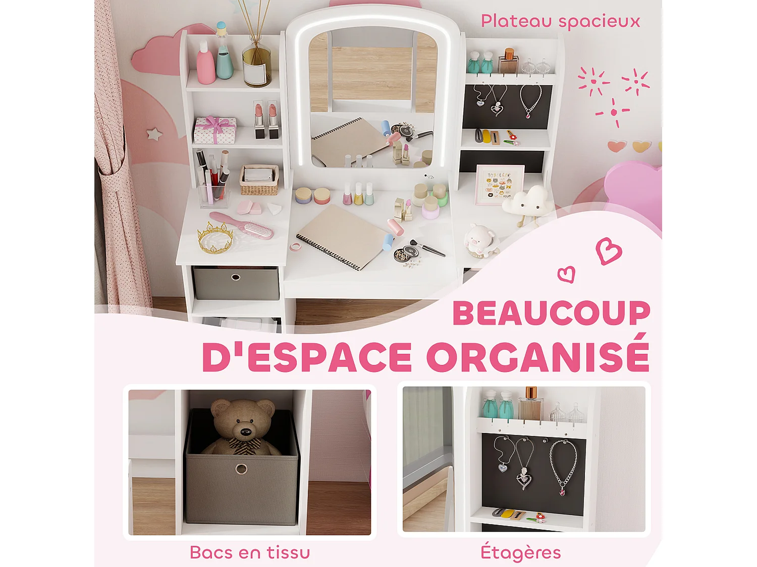 Ensemble coiffeuse enfant chaise et miroir LED - multi-rangement, paniers inclus gris - blanc