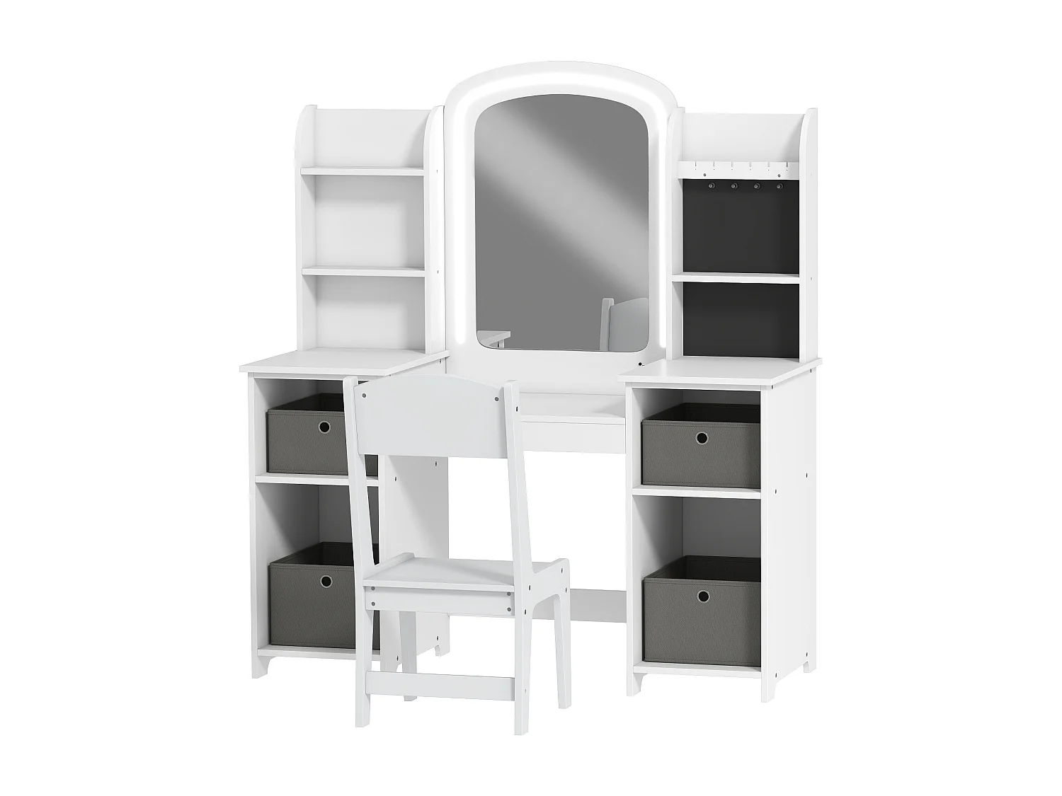 Ensemble coiffeuse enfant chaise et miroir LED - multi-rangement, paniers inclus gris - blanc