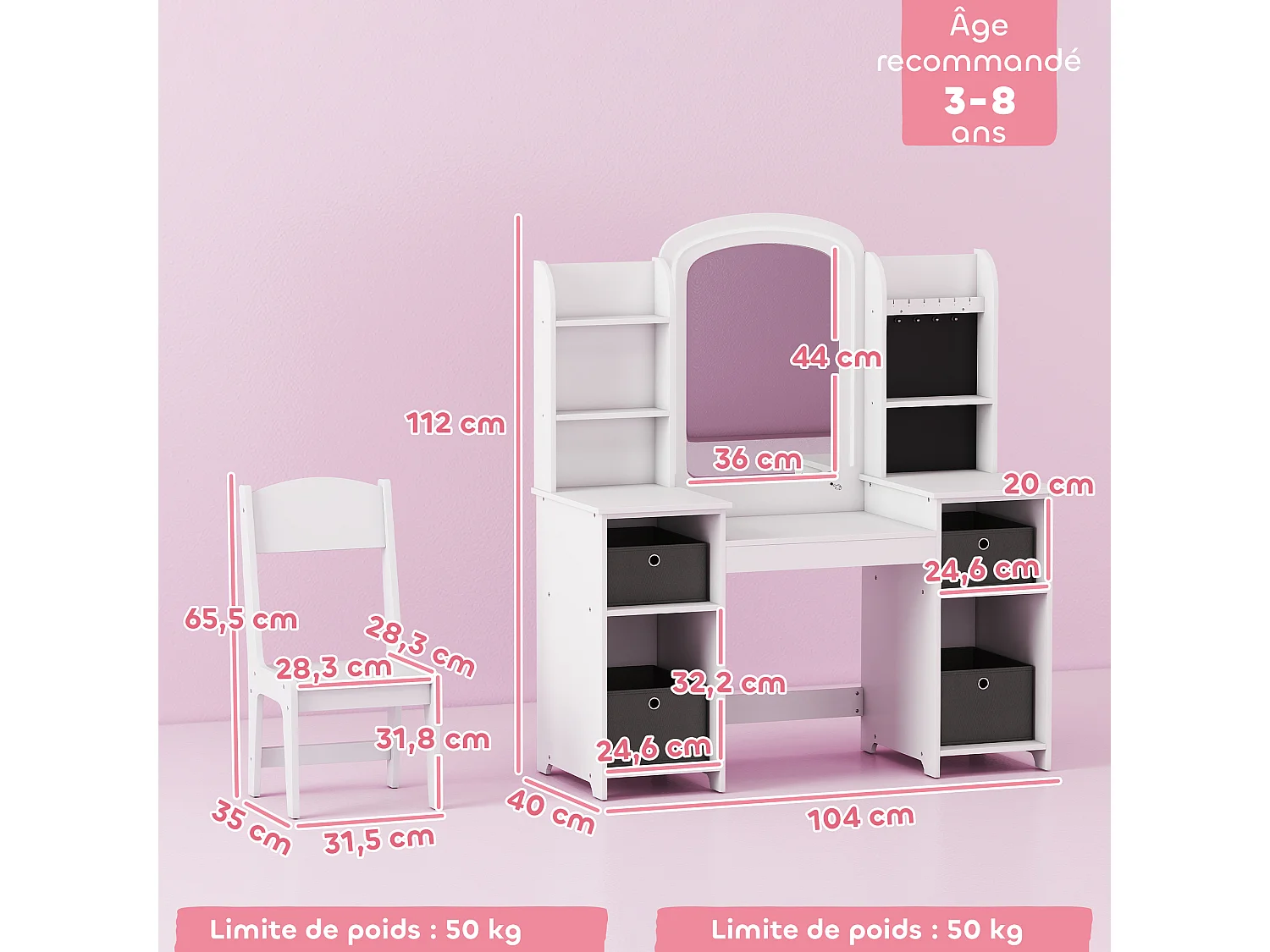 Ensemble coiffeuse enfant chaise et miroir LED - multi-rangement, paniers inclus gris - blanc