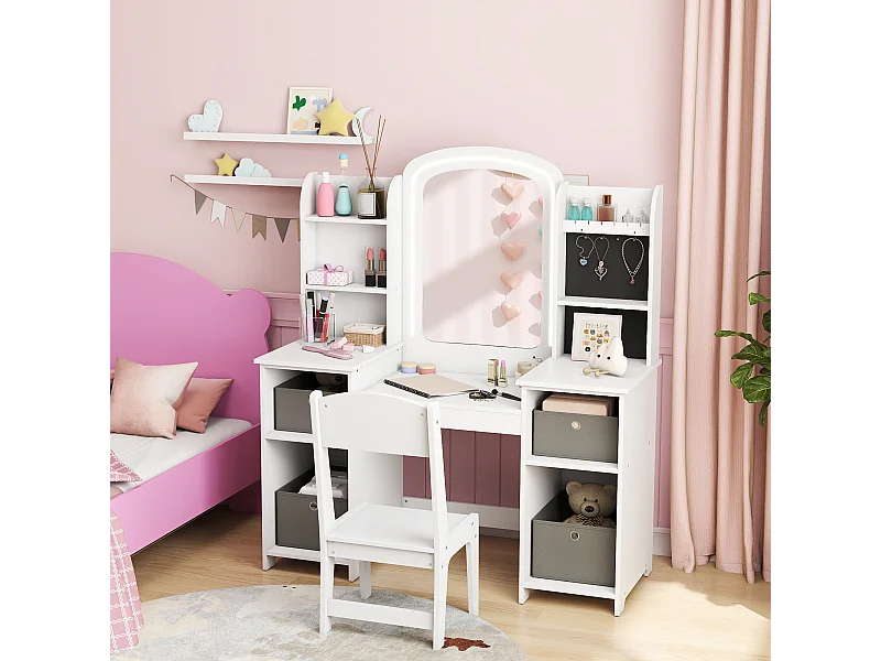Ensemble coiffeuse enfant chaise et miroir LED - multi-rangement, paniers inclus gris - blanc