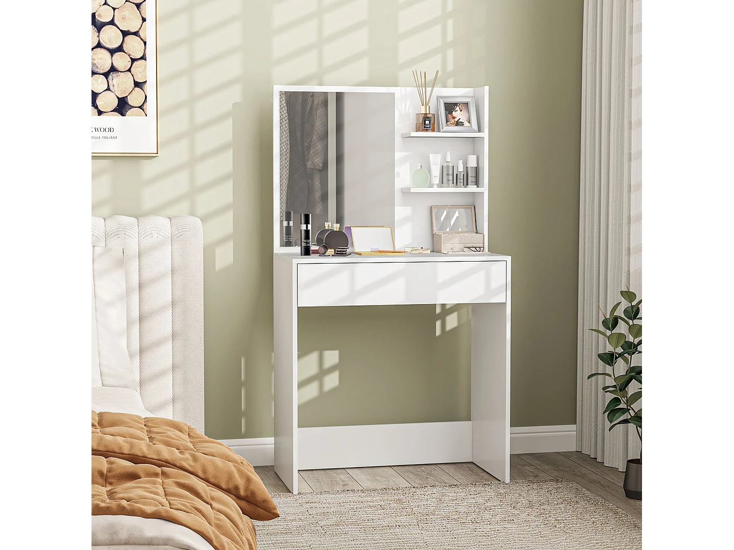 Coiffeuse miroir style contemporain - 2 étagères latérales, grand tiroir - blanc