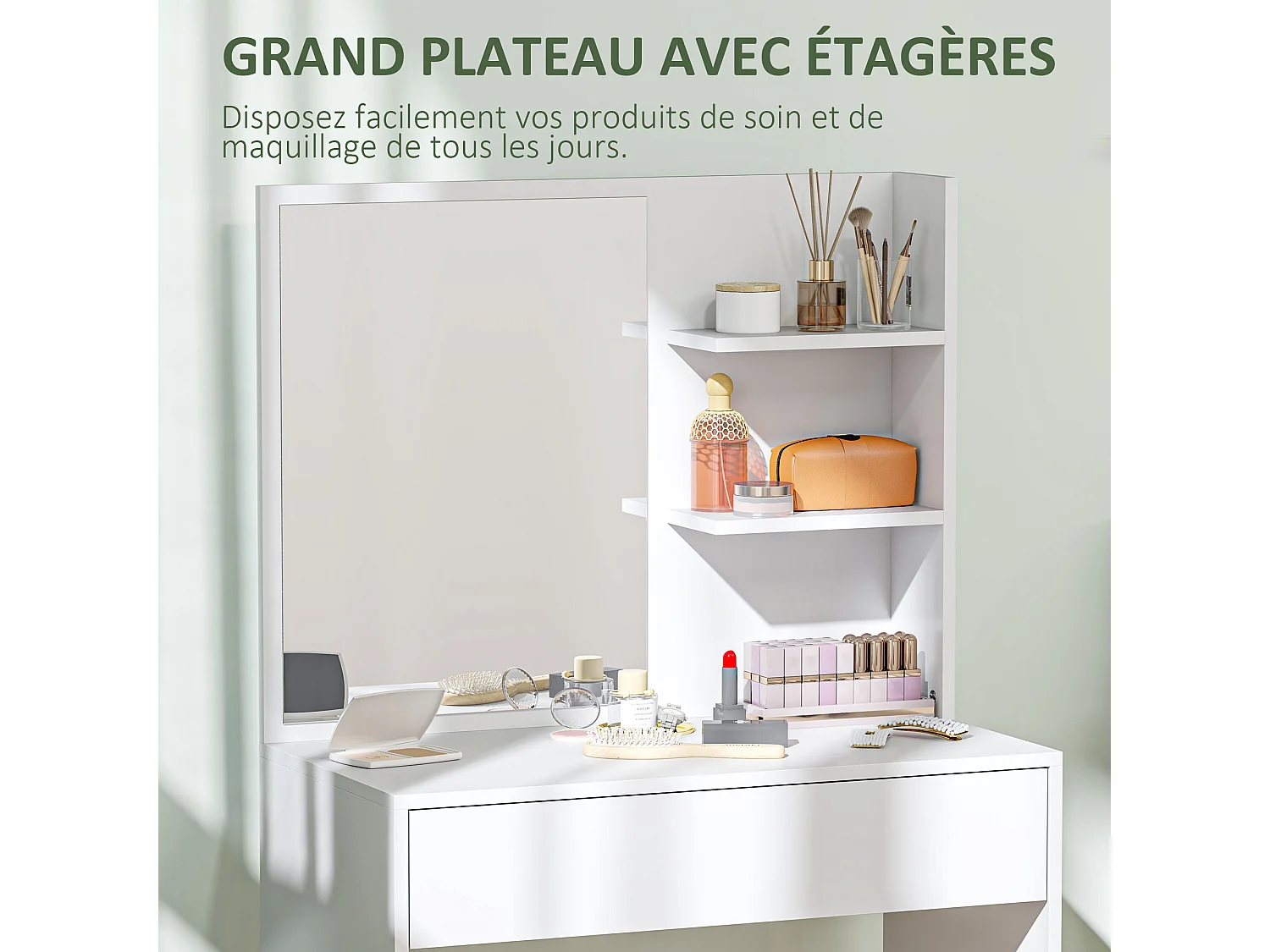 Coiffeuse miroir style contemporain - 2 étagères latérales, grand tiroir - blanc
