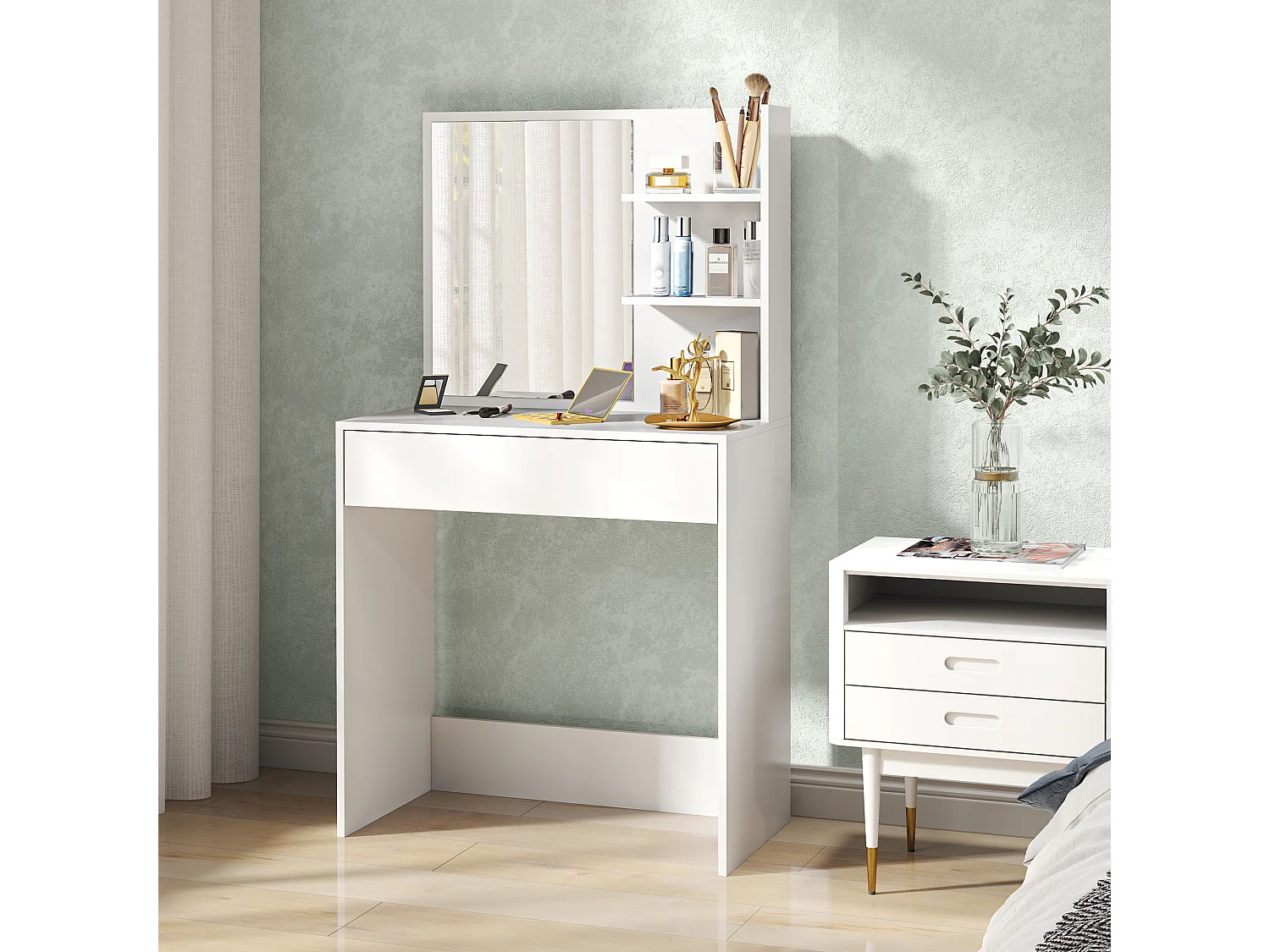 Coiffeuse miroir style contemporain - 2 étagères latérales, grand tiroir - blanc