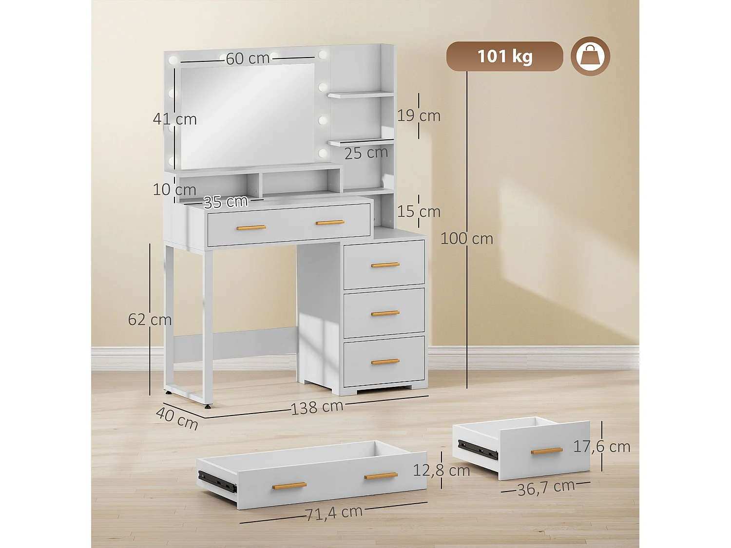 Coiffeuse miroir LED 9 ampoules - 4 tiroirs, 3 niches, 4 étagères - dim. 100 x 40 x 138 cm - poignées métal doré blanc