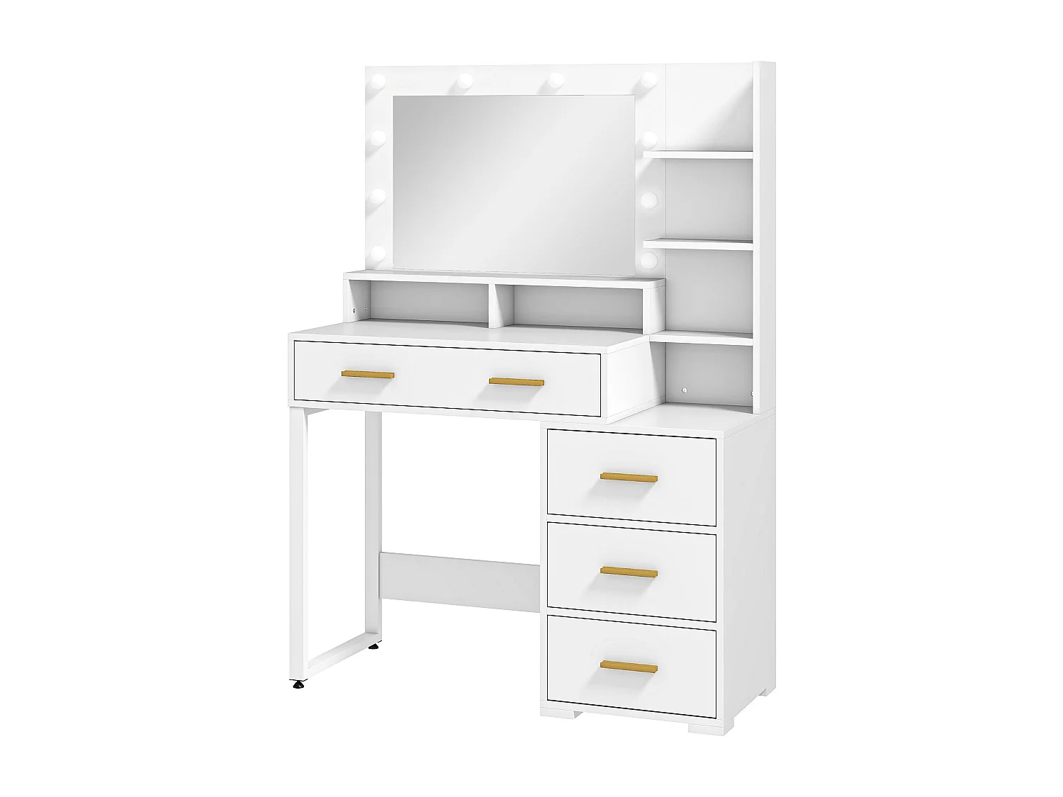 Coiffeuse miroir LED 9 ampoules - 4 tiroirs, 3 niches, 4 étagères - dim. 100 x 40 x 138 cm - poignées métal doré blanc