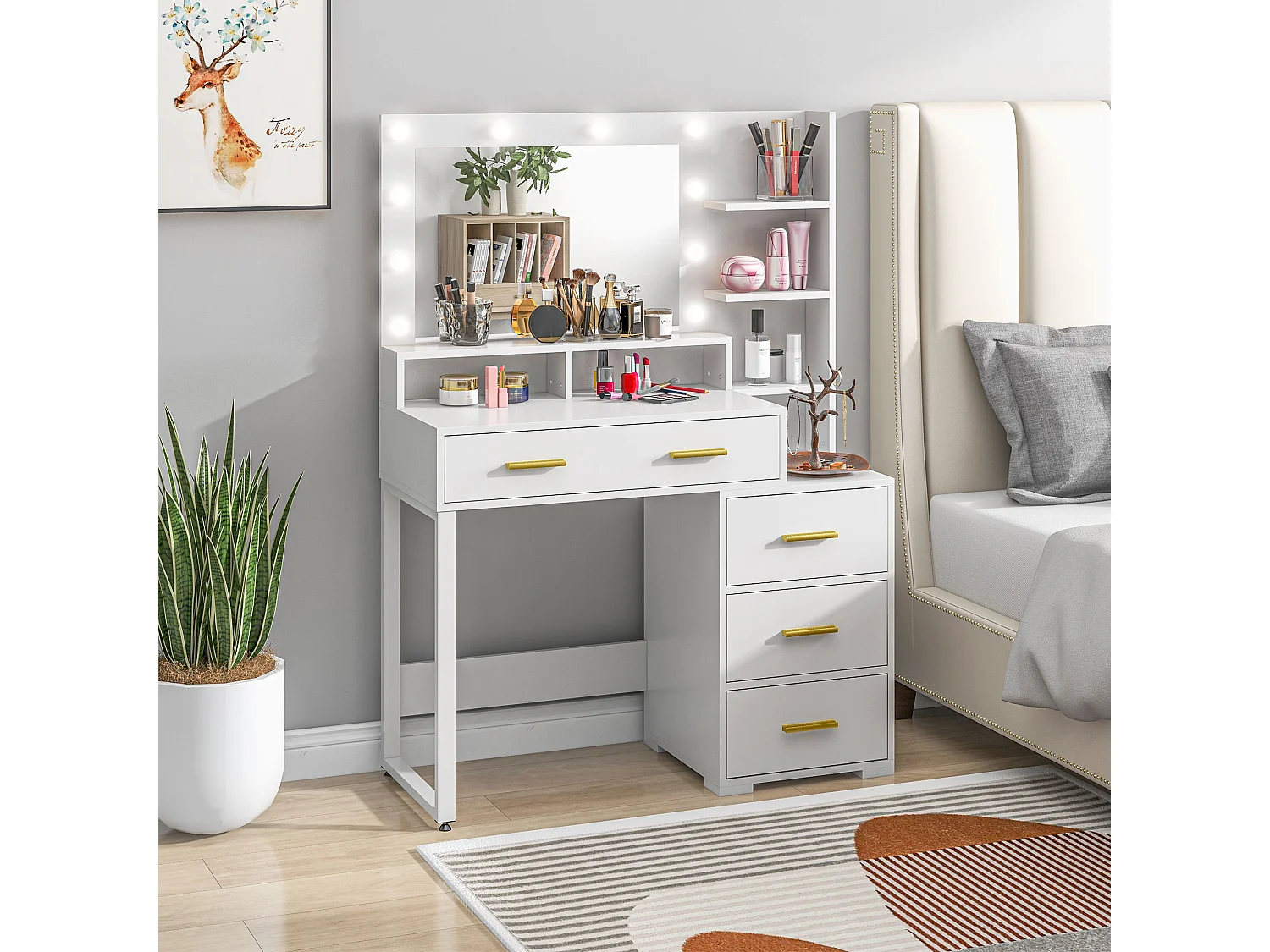 Coiffeuse miroir LED 9 ampoules - 4 tiroirs, 3 niches, 4 étagères - dim. 100 x 40 x 138 cm - poignées métal doré blanc