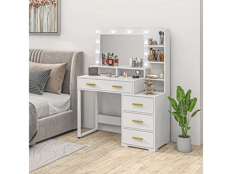 Coiffeuse miroir LED 9 ampoules - 4 tiroirs, 3 niches, 4 étagères - dim. 100 x 40 x 138 cm - poignées métal doré blanc