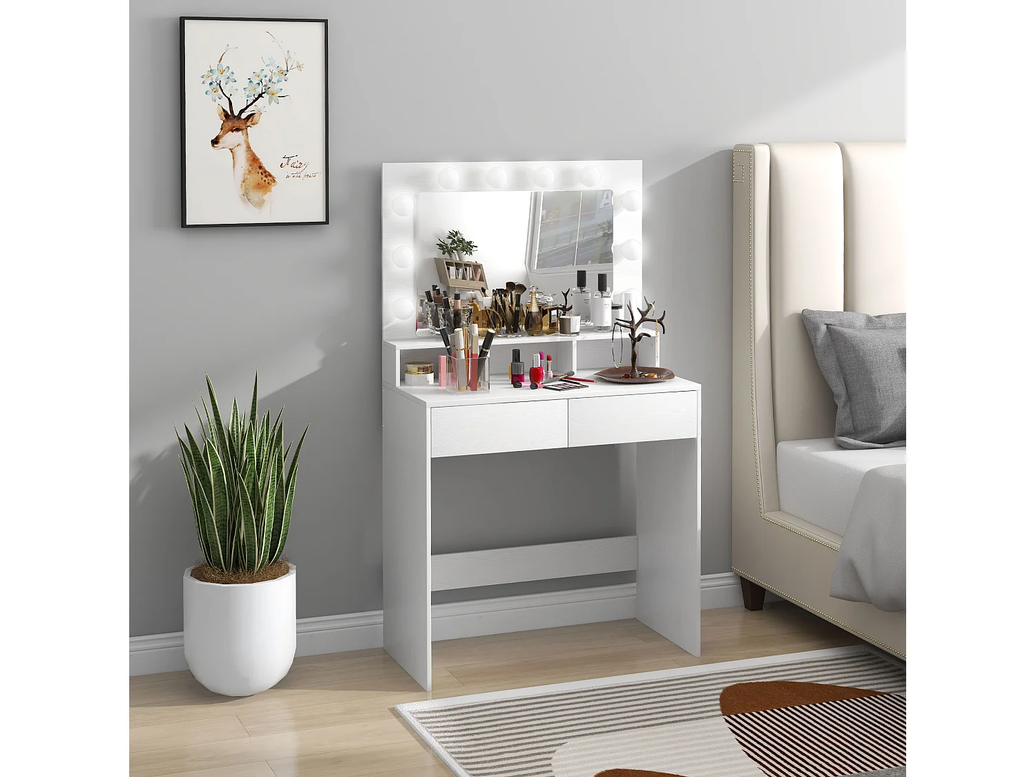 Coiffeuse miroir Hollywood 3 modes - 2 tiroirs, étagère, 3 niches - dim. 80 x 40 x 135 cm - blanc