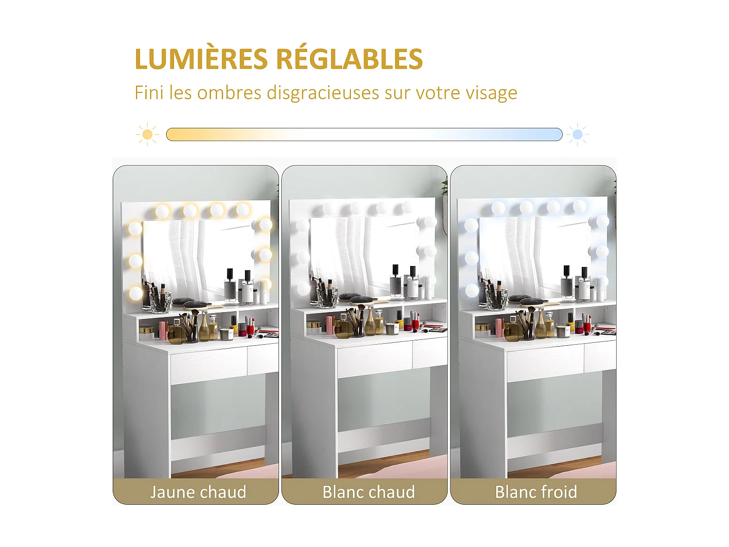 Coiffeuse miroir Hollywood 3 modes - 2 tiroirs, étagère, 3 niches - dim. 80 x 40 x 135 cm - blanc