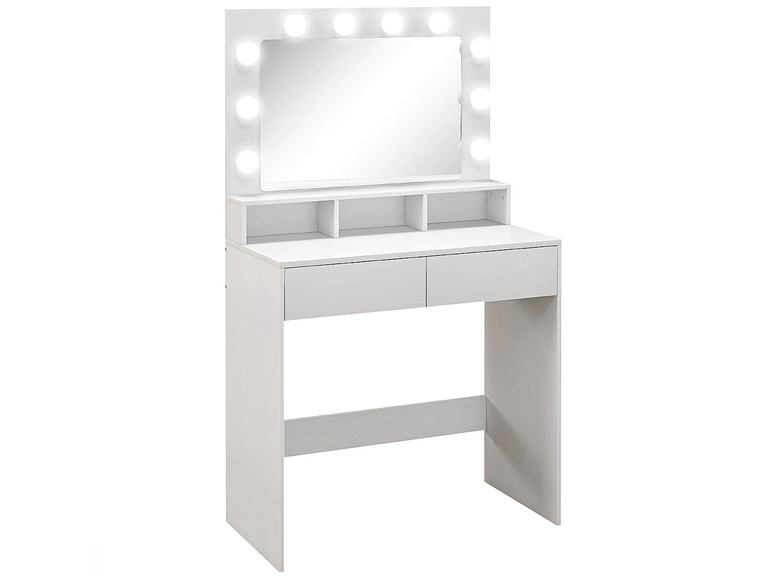 Coiffeuse miroir Hollywood 3 modes - 2 tiroirs, étagère, 3 niches - dim. 80 x 40 x 135 cm - blanc