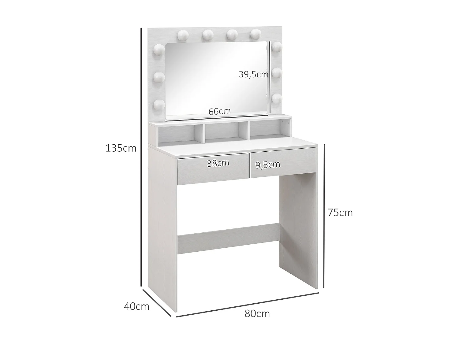 Coiffeuse miroir Hollywood 3 modes - 2 tiroirs, étagère, 3 niches - dim. 80 x 40 x 135 cm - blanc