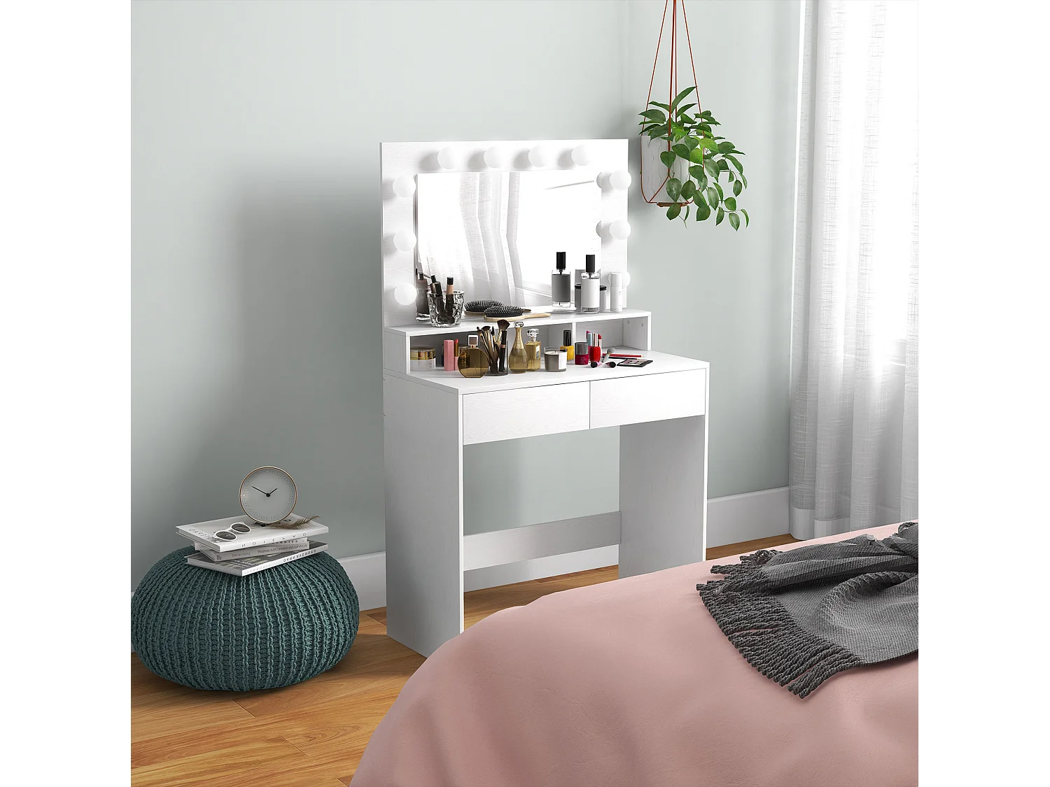 Coiffeuse miroir Hollywood 3 modes - 2 tiroirs, étagère, 3 niches - dim. 80 x 40 x 135 cm - blanc