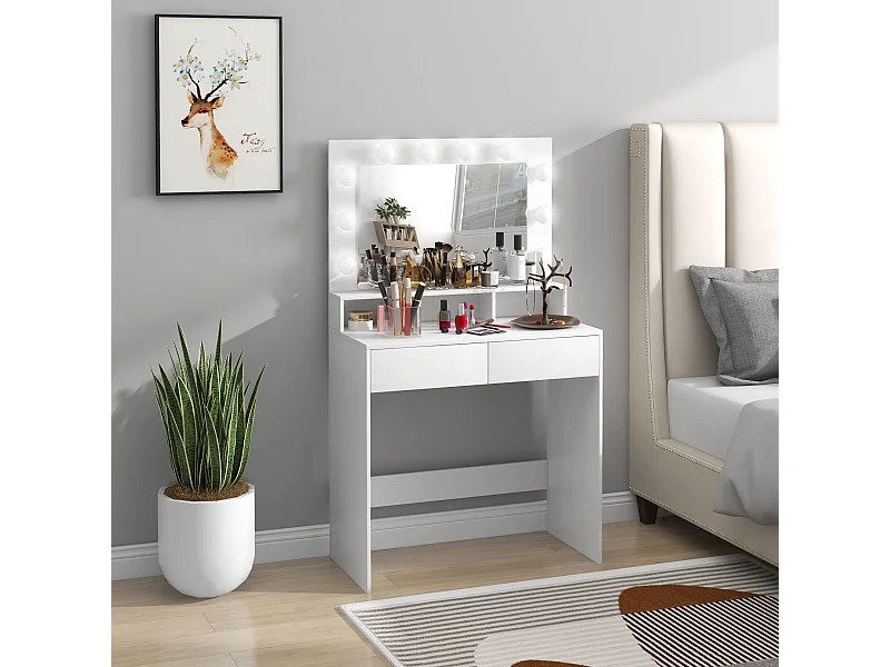 Coiffeuse miroir Hollywood 3 modes - 2 tiroirs, étagère, 3 niches - dim. 80 x 40 x 135 cm - blanc