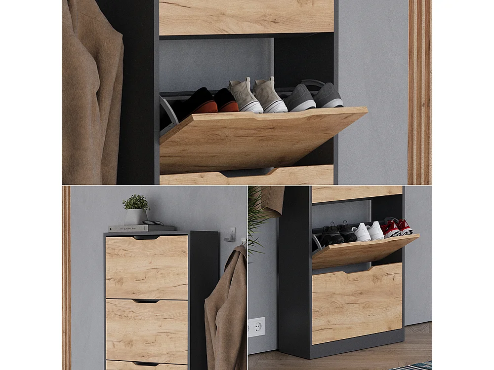 Benne à chaussures anthracite/chêne doré 59x22x169 luca