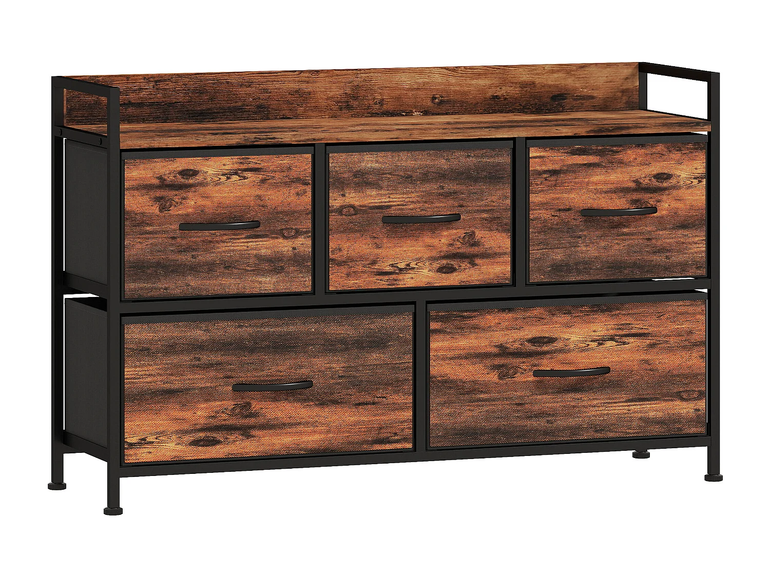 Commode 5 tiroirs et étagère - 98 x 29 x 63 cm - châssis métal noir tiroirs non tissés aspect bois vieilli